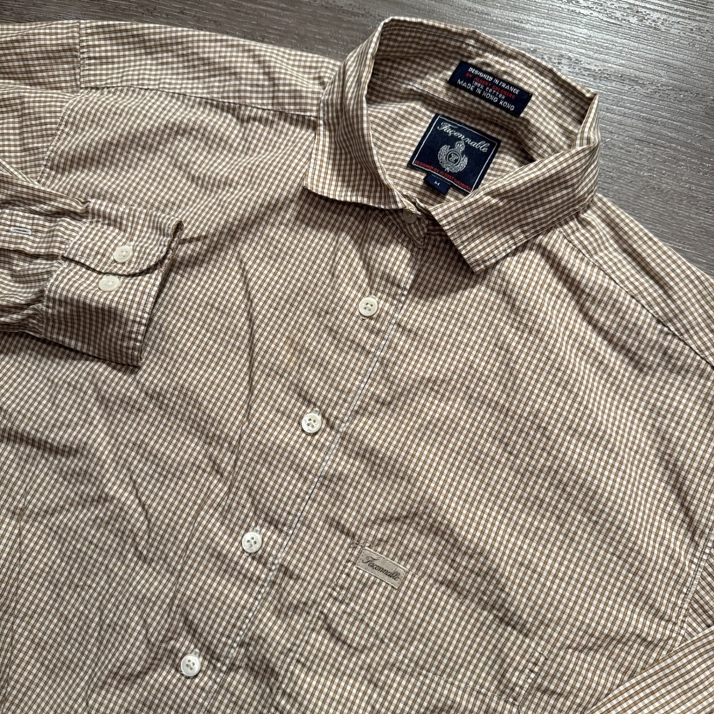 Faconnable Shirt Mens M Brown Gingham Check Cotton Long Sleeve French Heritage